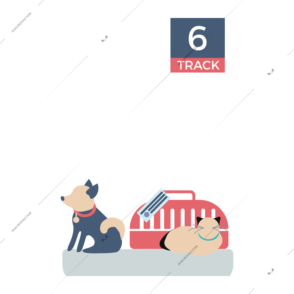Railway station flat icon with cat dog and pet carrier on platform vector illustration
