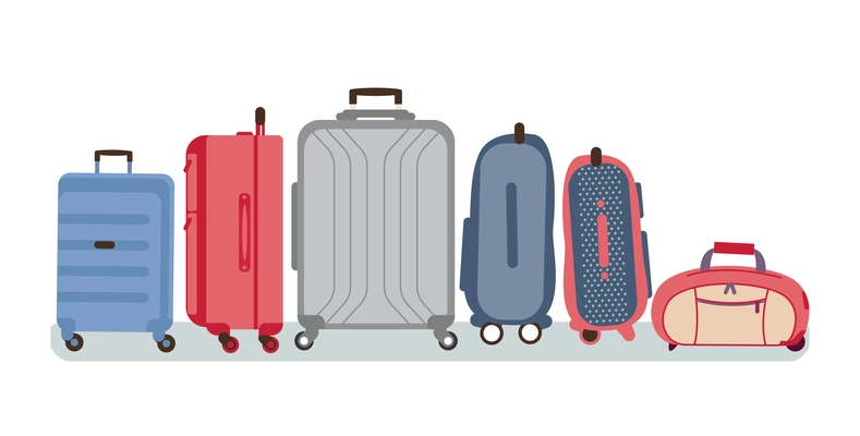 Luggage with suitcases and bags of different size and color flat vector illustration