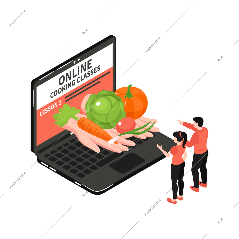 Isometric cooking school online classes icon with laptop and human characters 3d vector illustration