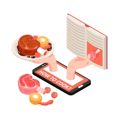 Cooking school isometric composition with 3d smartphone cookery book and products vector illustration