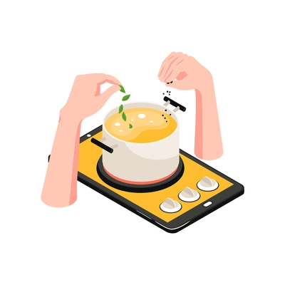 Isometric cooking school concept icon with gadget and saucepan of soup 3d vector illustration