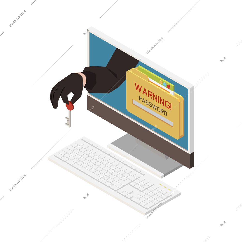 Isometric icon with warning notification on computer and hacker holding key stealing password 3d vector illustration