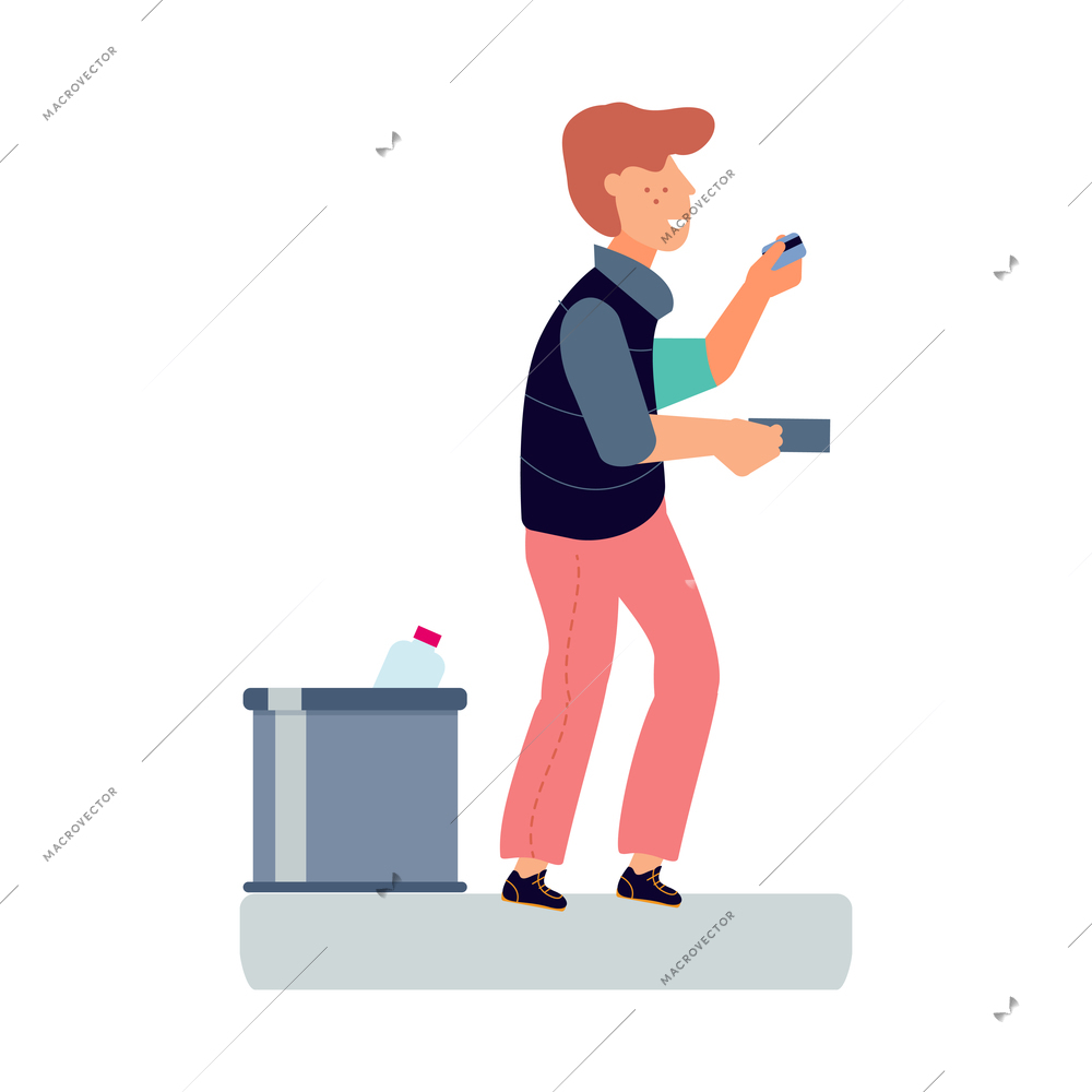Flat icon with rubbish bin and character holding ticket at railway station platform vector illustration