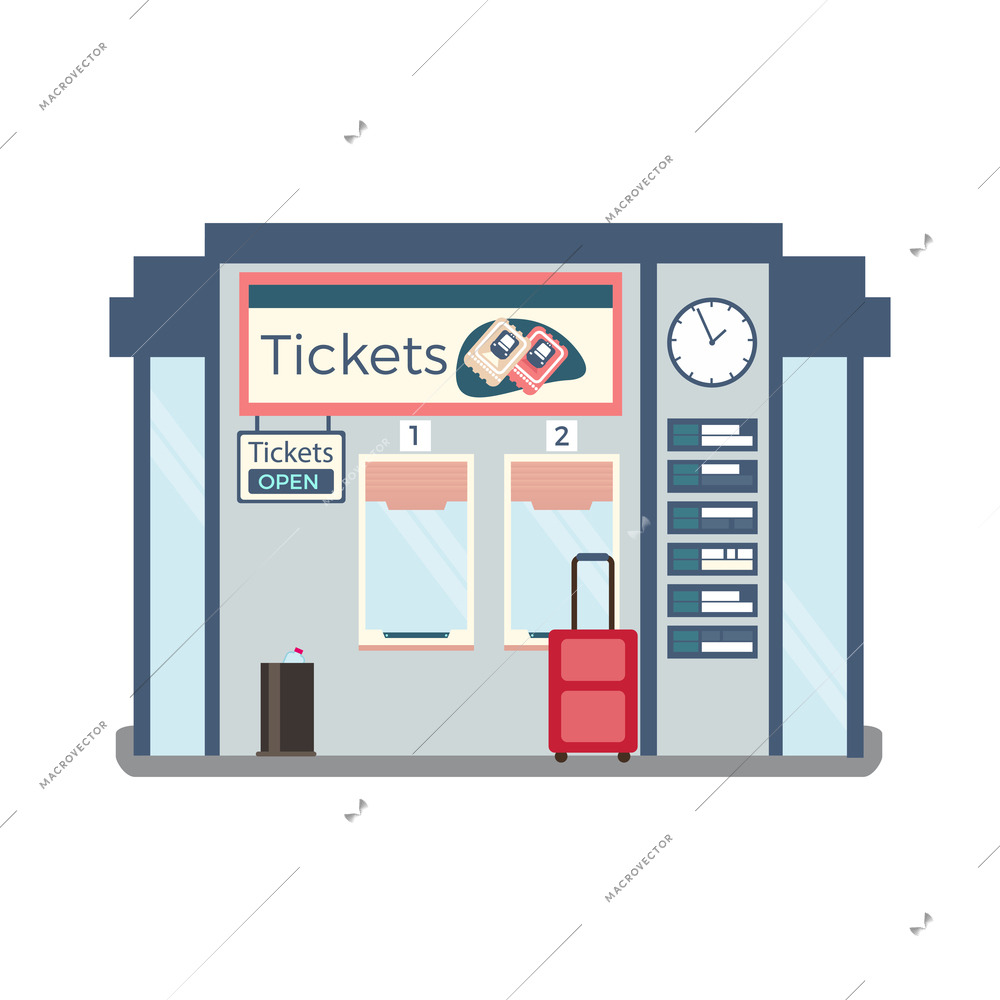 Ticket office building with two windows clock schedule suitcase flat vector illustration