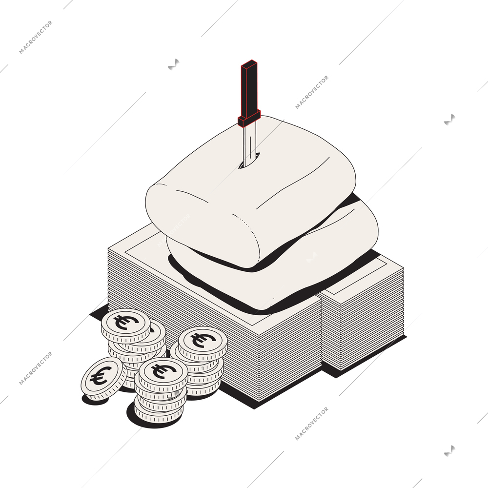 Dirty money gained illegally isometric icon with coins banknotes bags knife 3d vector illustration