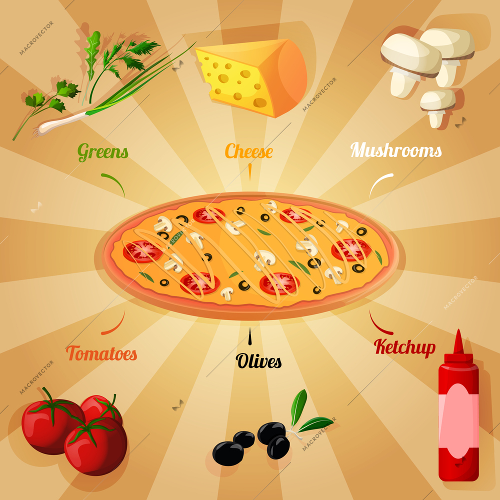 Round hot delicious tasty meat cheese olive tomato mushroom pizza poster vector illustration