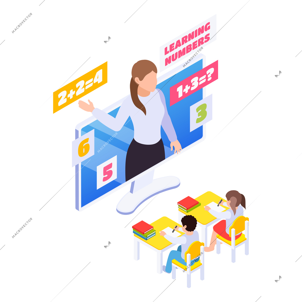 Isometric online maths lesson icon with teacher on computer screen and kids writing at desks 3d vector illustration