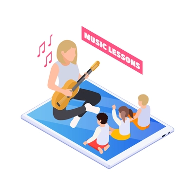 Home education icon with teacher playing guitar and kids singing on online music lesson isometric vector illustration