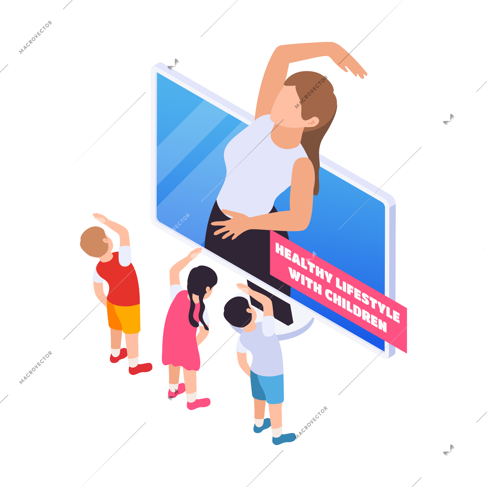 Home education icon with children doing sport online with teacher isometric vector illustration