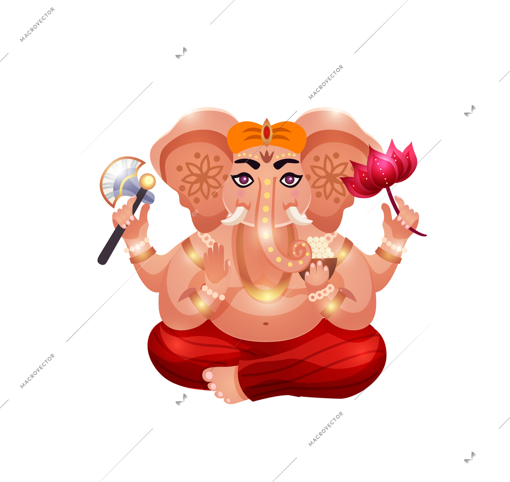 Indian ganesha god holding lotus and axe cartoon vector illustration