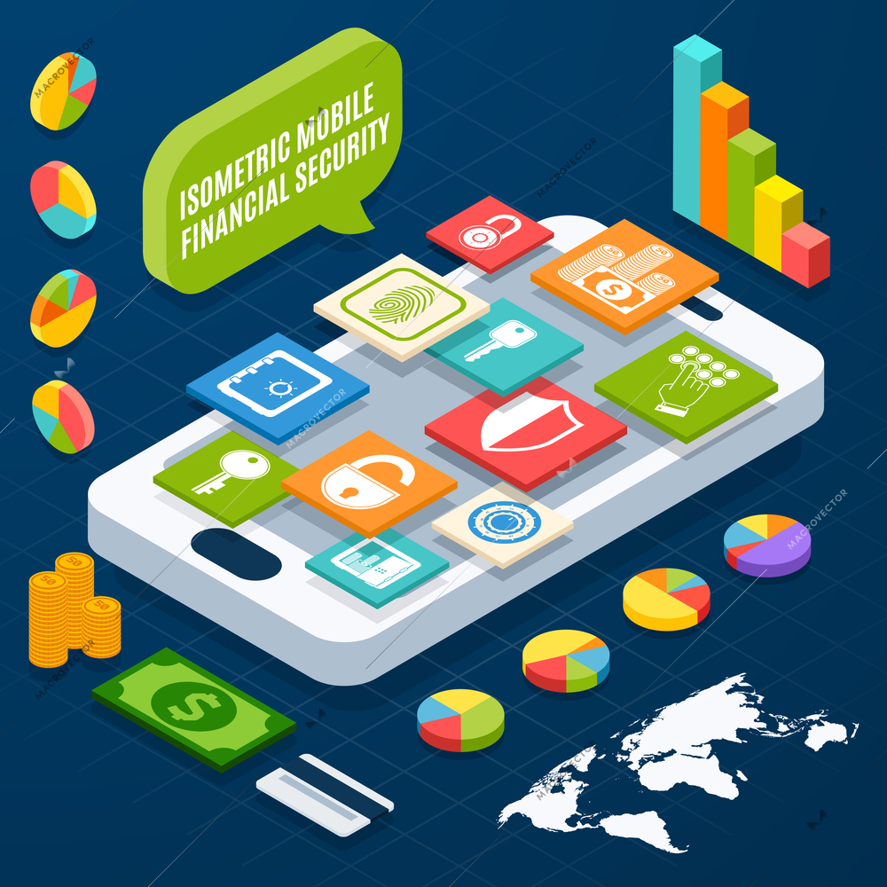 Isometric financial security and business elements with smartphone vector illustration