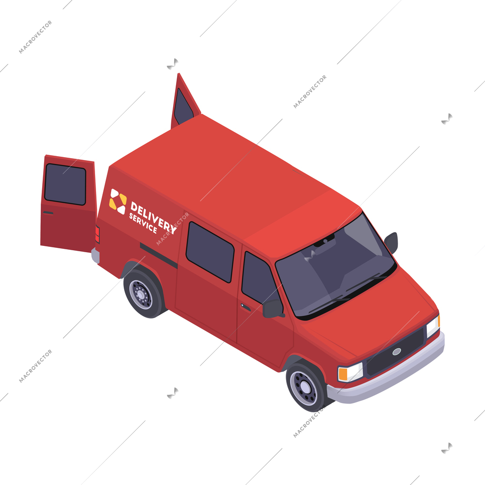 Isometric delivery service car in red color with open doors 3d vector illustration