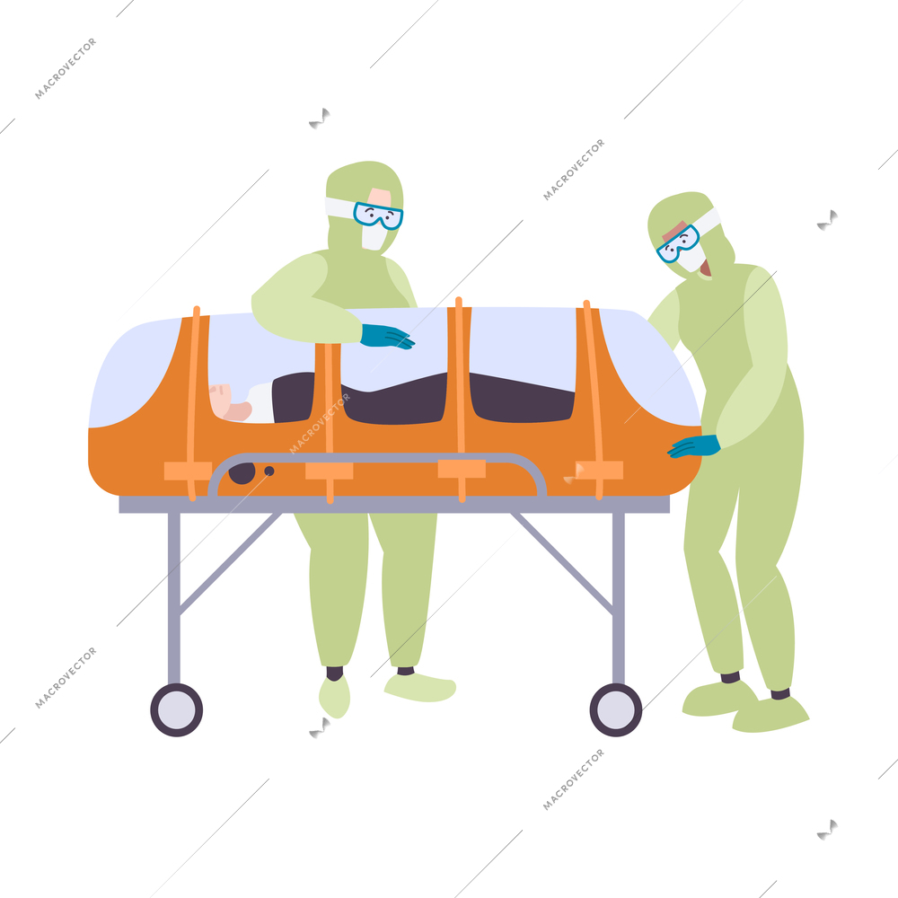 Coronavirus flat icon with infected patient and doctors wearing protective suits vector illustration