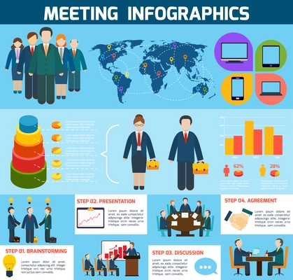 Business meeting brainstorming presentation discussion agreement infographics with charts vector illustration