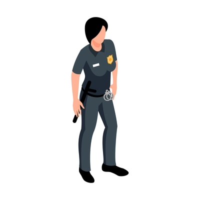 Policewoman with baton and handcuffs 3d isometric vector illustration