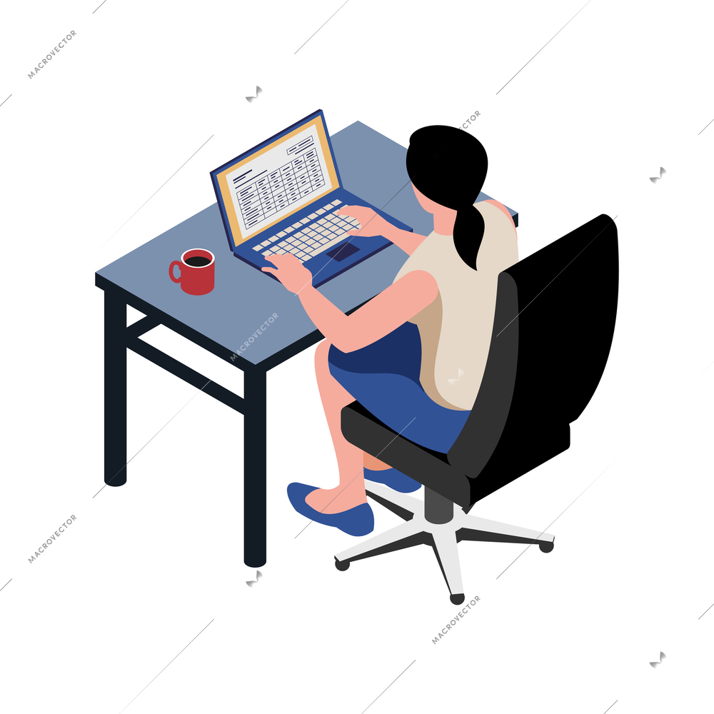 Isometric icon with female character of accountant working on laptop 3d vector illustration