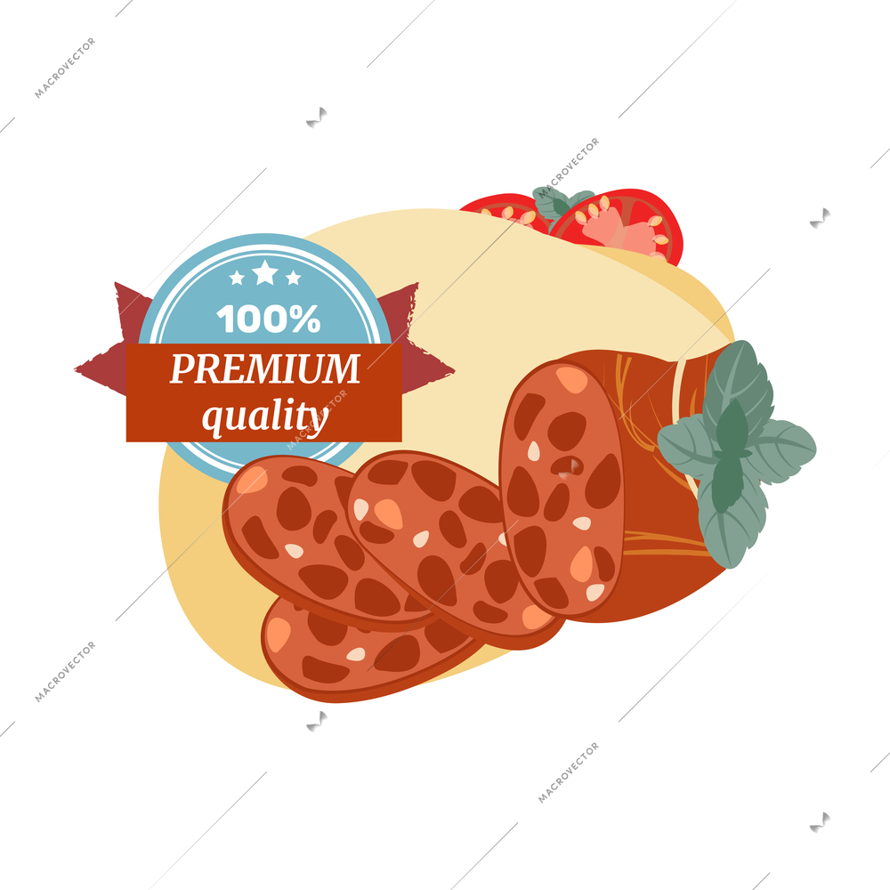 Flat composition with premium quality sliced sausage vector illustration