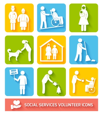 Social help services and volunteer work icons set flat isolated vector illustration