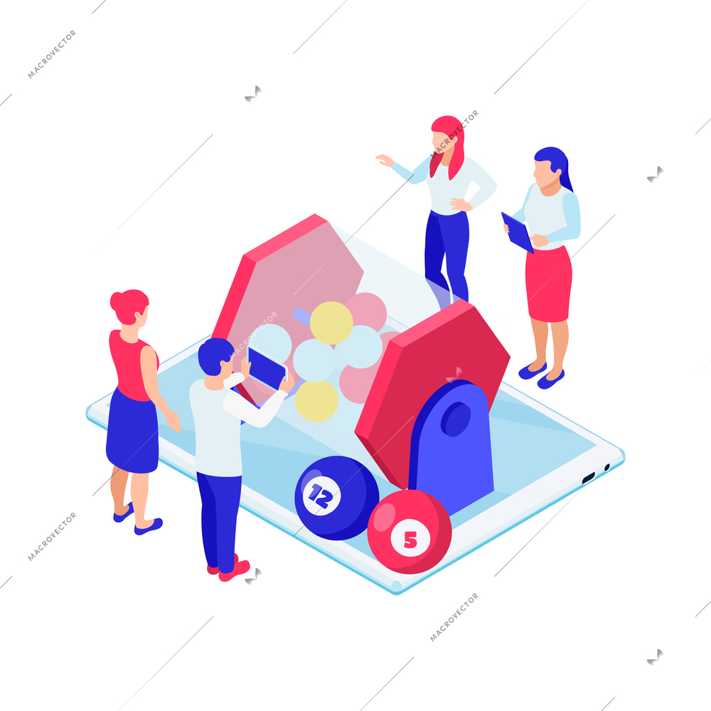 Isometric online lottery icon with people playing bingo 3d vector illustration