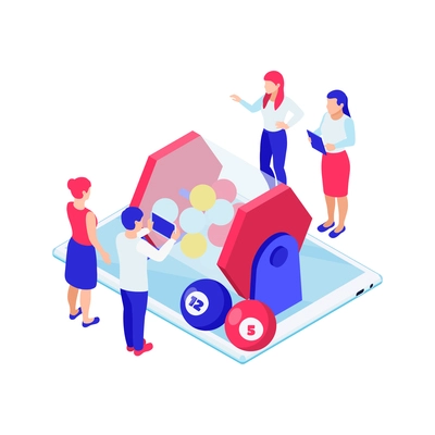 Isometric online lottery icon with people playing bingo 3d vector illustration