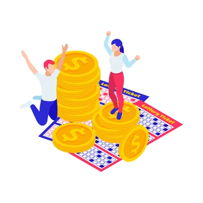 Lottery win isometric icon with tickets coins and excited people 3d vector illustration