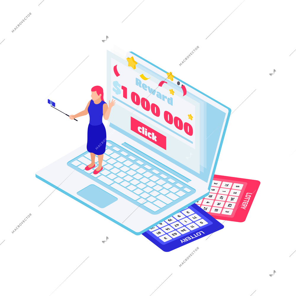 Online lottery isometric icon with computer tickets and winner 3d vector illustration