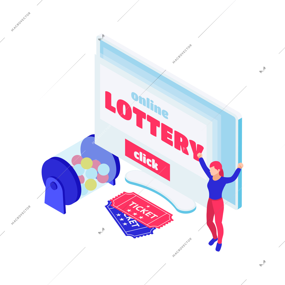 Online lottery isometric composition with colorfil bingo balls tickets and happy character vector illustration