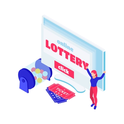 Online lottery isometric composition with colorfil bingo balls tickets and happy character vector illustration