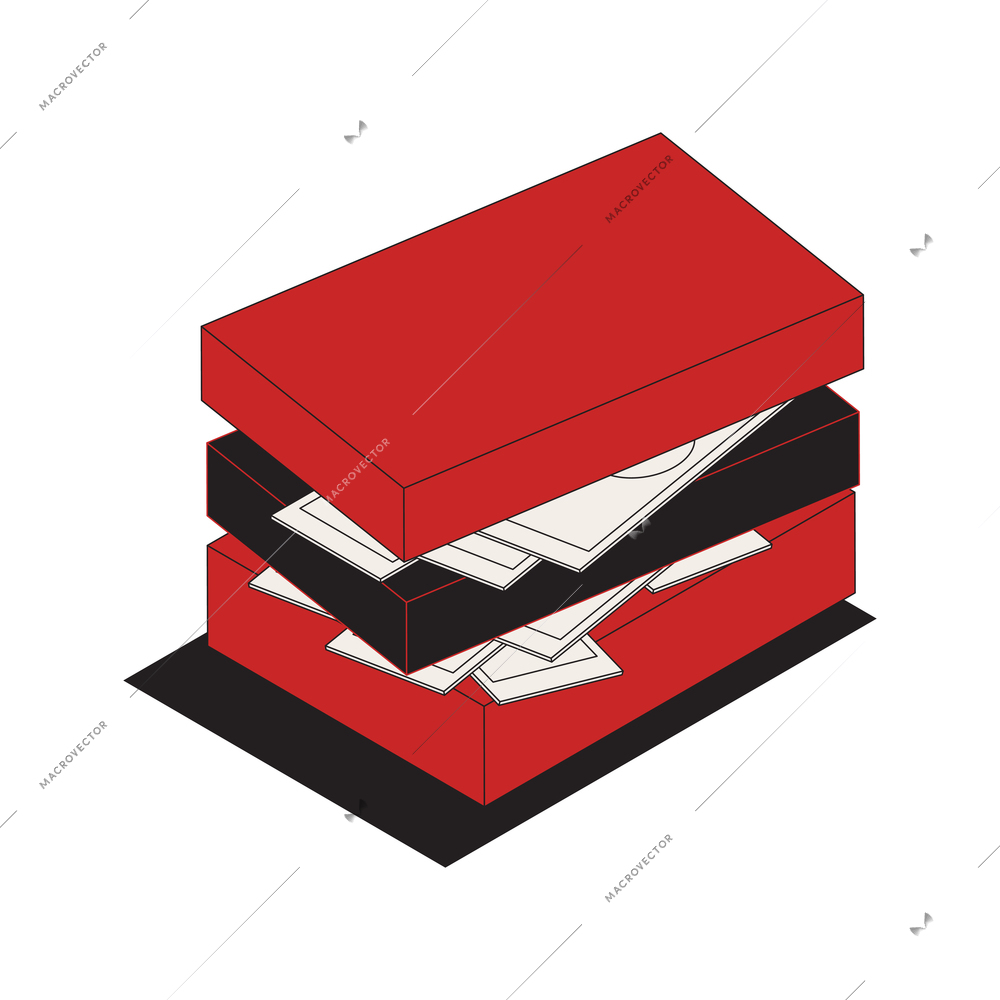 Isometric dirty money icon with banknotes between black and red boxes 3d vector illustration