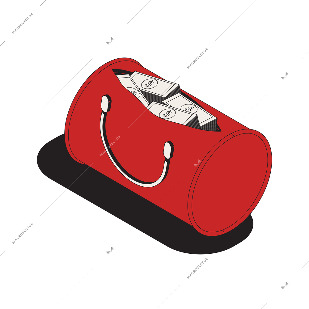 Dirty money isometric icon with red bag full of banknotes 3d vector illustration