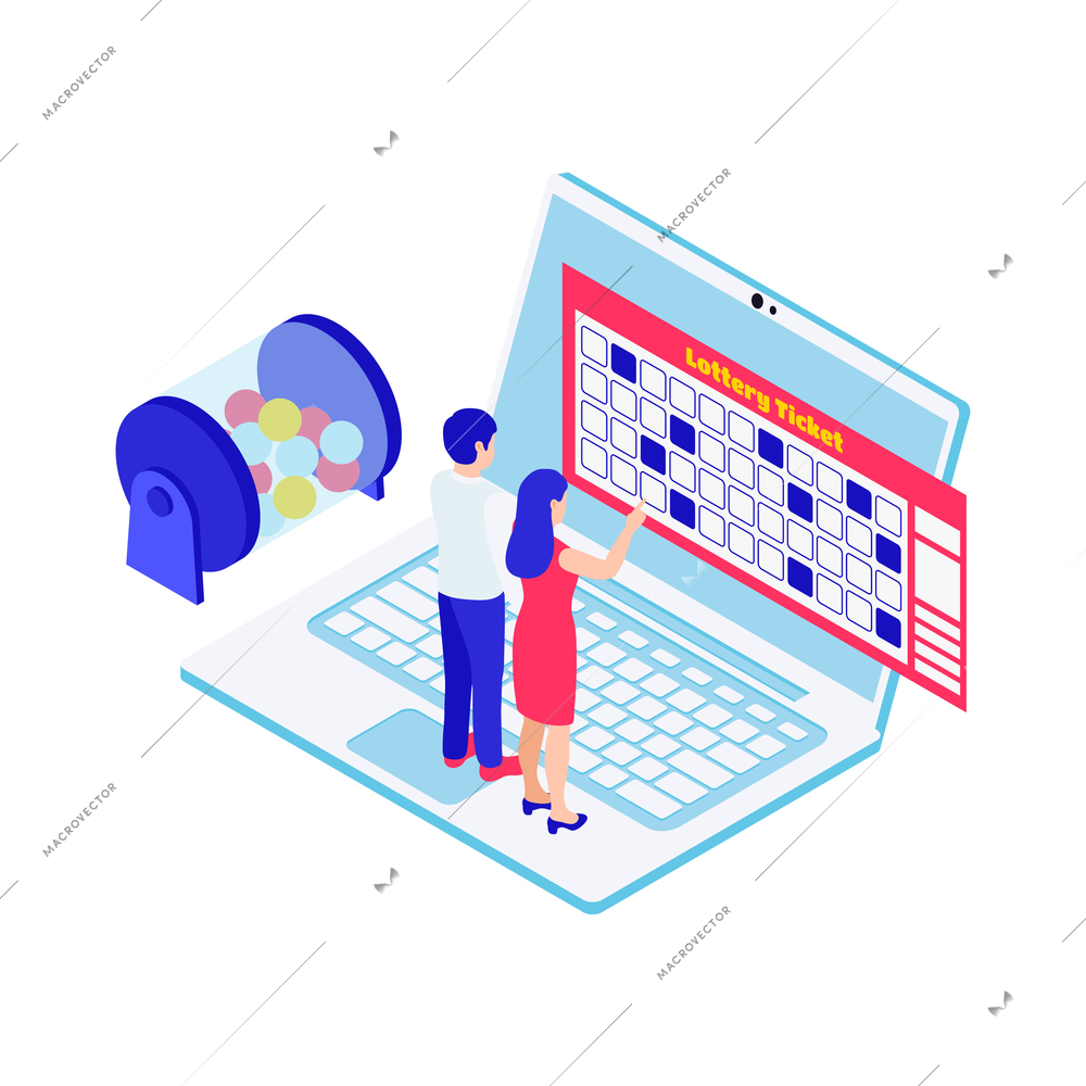 Isometric lottery bingo game icon with ticket laptop characters 3d vector illustration