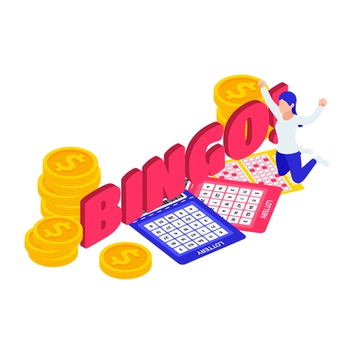 Bingo lottery colorful isometric composition with tickets coins happy character vector illustration