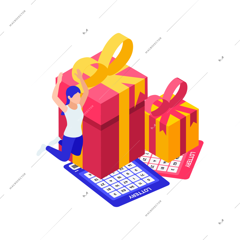 Happy lottery winner tickets and presents isometric icon 3d vector illustration