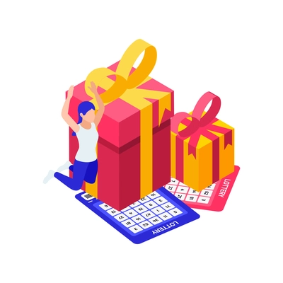 Happy lottery winner tickets and presents isometric icon 3d vector illustration