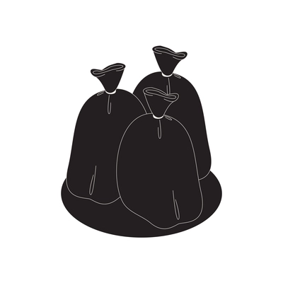 Isometric icon with three big black garbage bags on white background 3d vector illustration