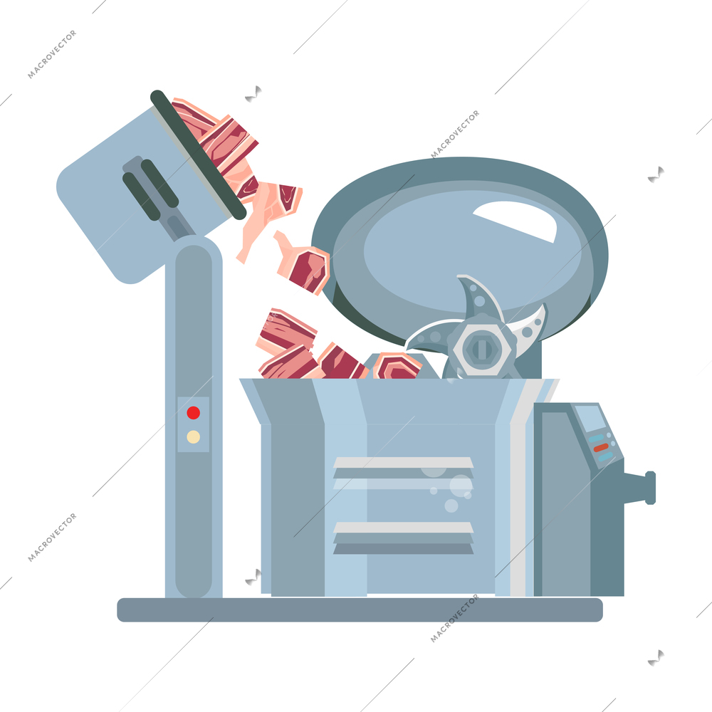 Industrial cutter for chopping meat at processing factory flat vector illustration