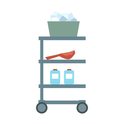 Flat icon with bowl ladle bottles on wheeled rack vector illustration