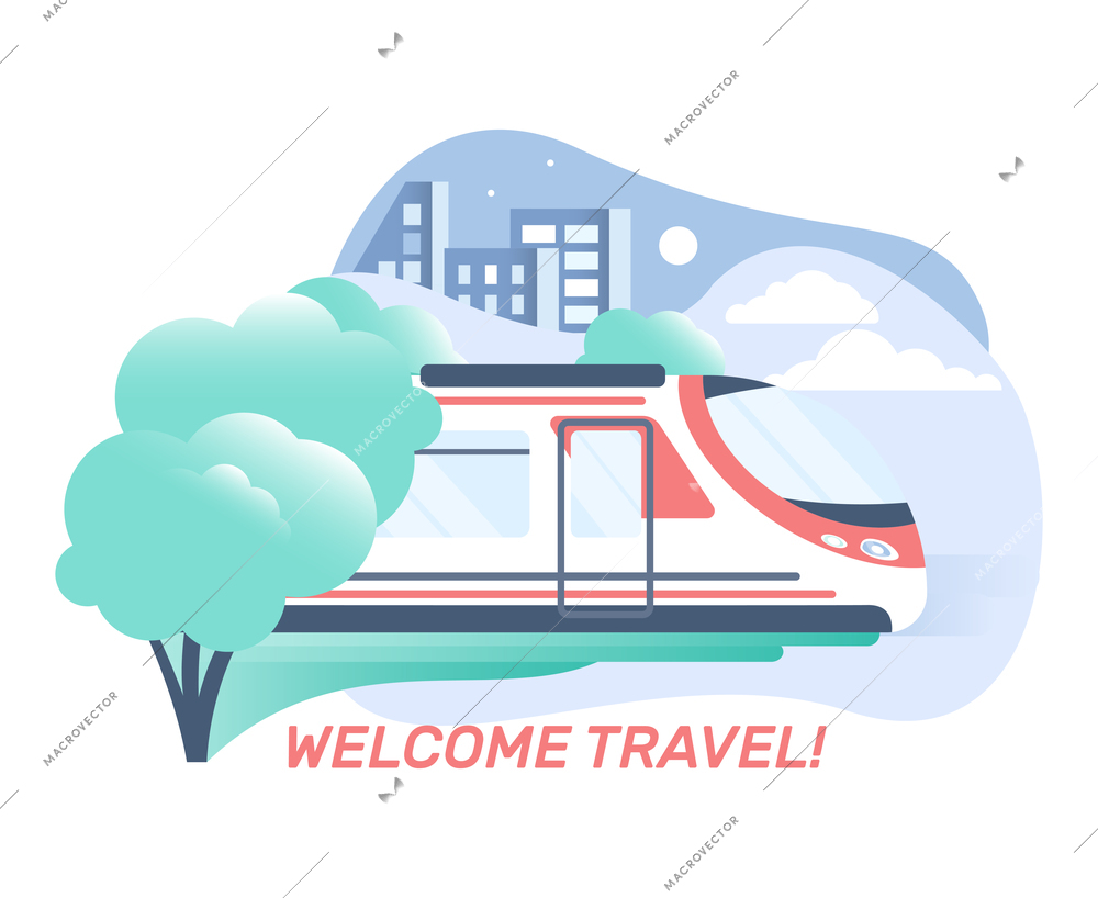 Travel flat composition with high speed train and cityscape vector illustration