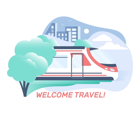 Travel flat composition with high speed train and cityscape vector illustration