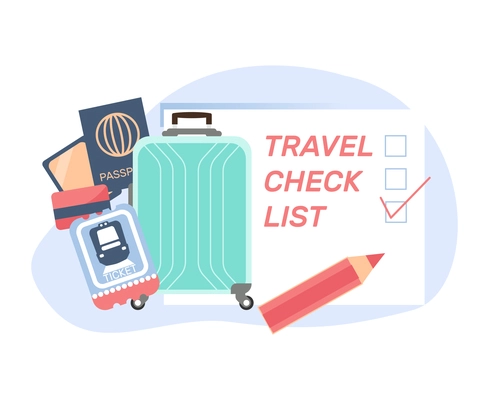 Travel check list flat composition with suitcase tickets passport vector illustration