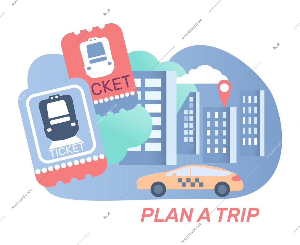 Plan trip flat composition with cityscape taxi train tickets vector illustration