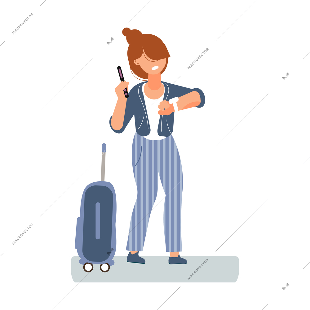 Woman with suitcase looking at watch on railway station platform flat vector illustration