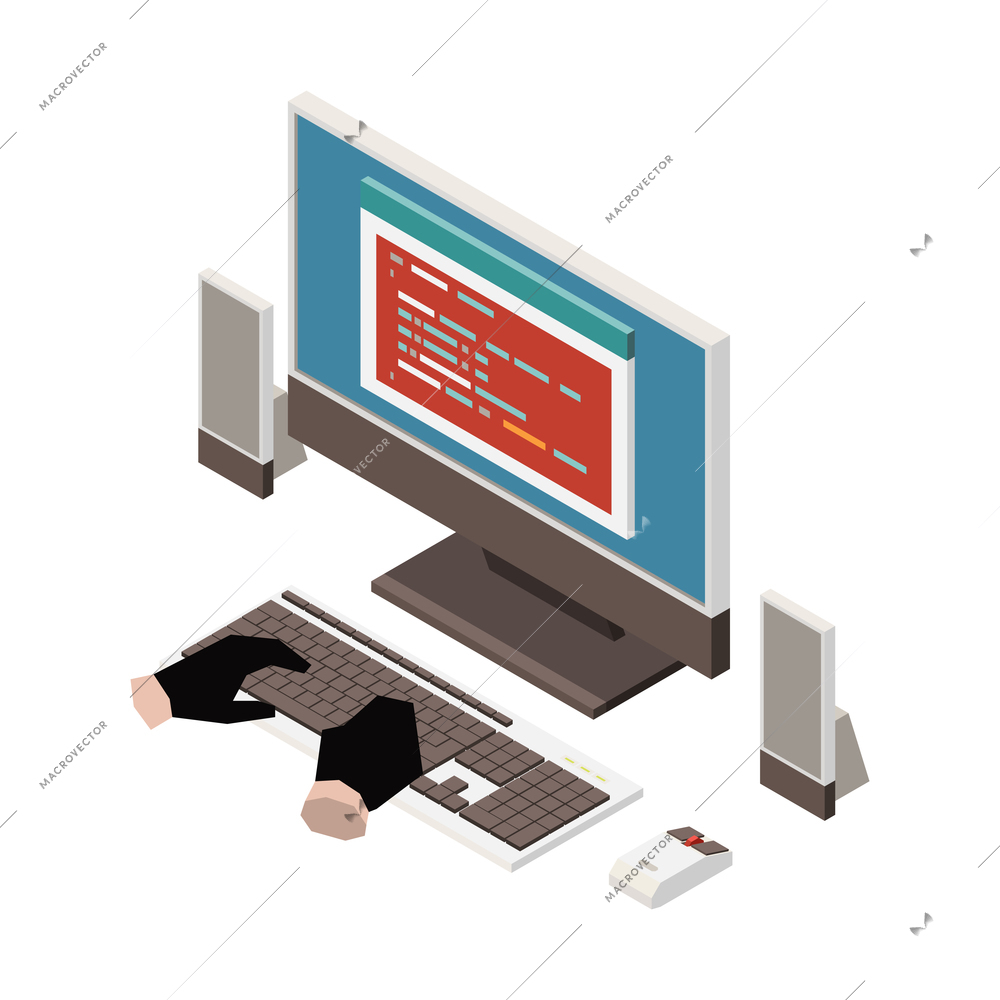 Isometric icon with hacker hands in gloves trying to get personal information on computer vector illustration