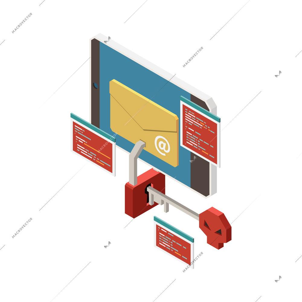 Isometric digital crime icon with smartphone email key and lock 3d vector illustration