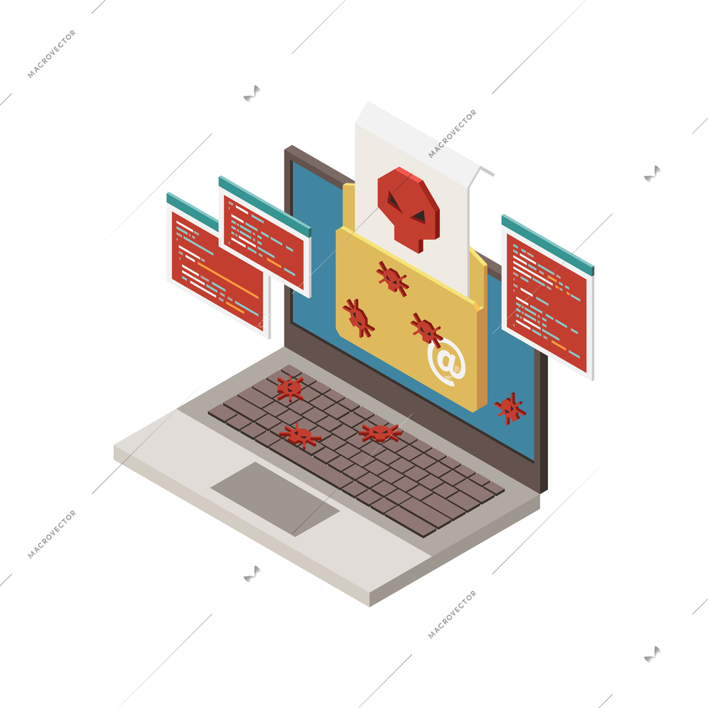 Hacking isometric icon with infected laptop on white background vector illustration