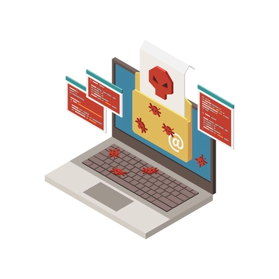 Hacking isometric icon with infected laptop on white background vector illustration