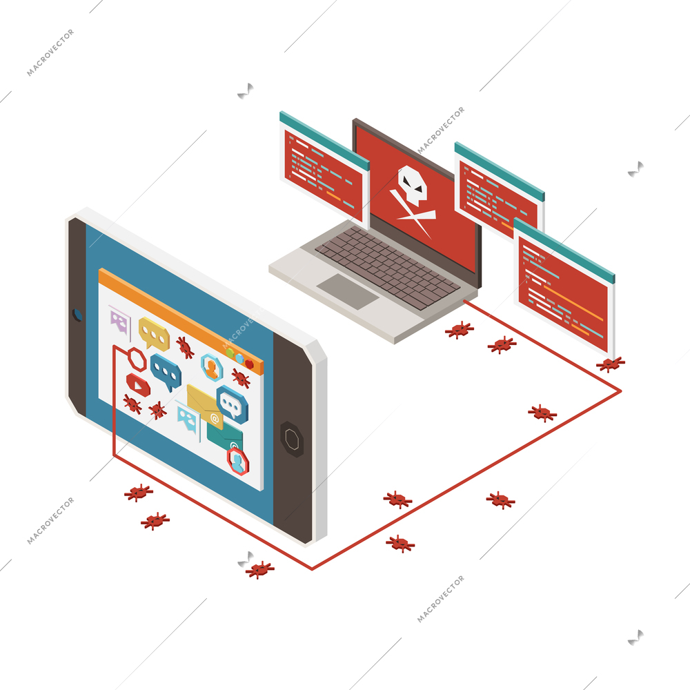 Digital crime isometric composition with infected laptop and smartphone vector illustration