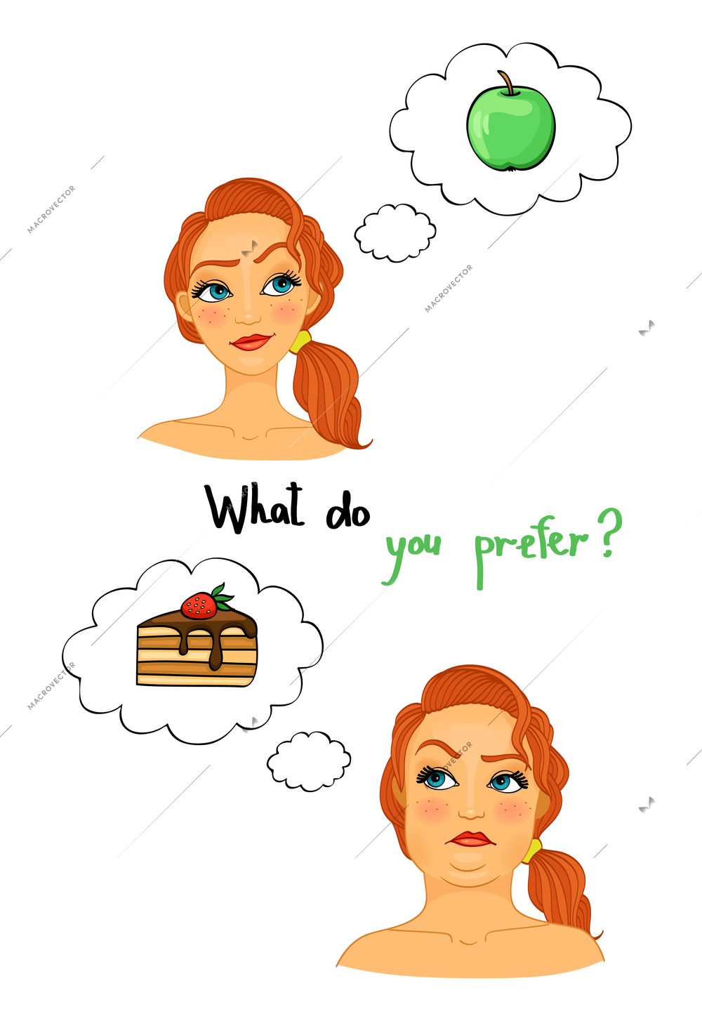 Fat and slim woman faces, choose the right diet, eat apples not pastries isolated vector illustration