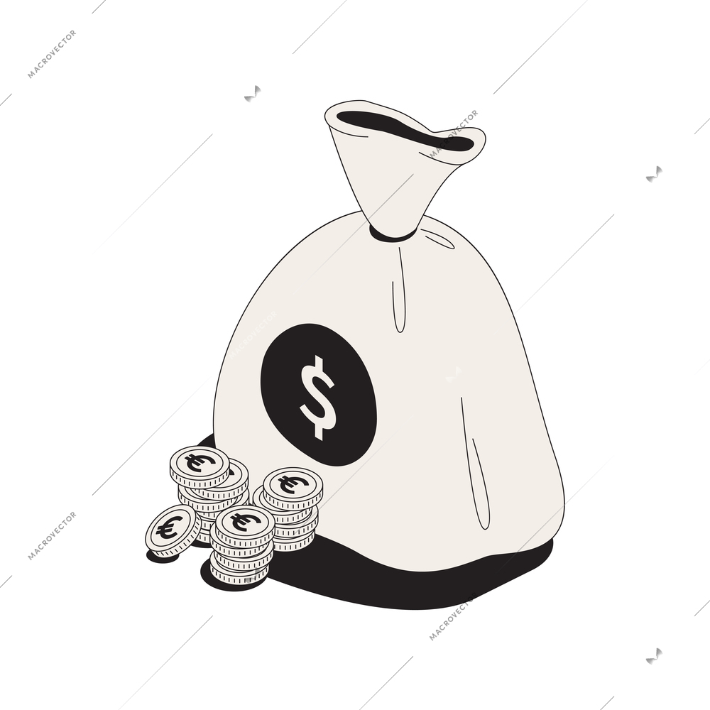 Dirty money icon with isometric bag and coins 3d vector illustration