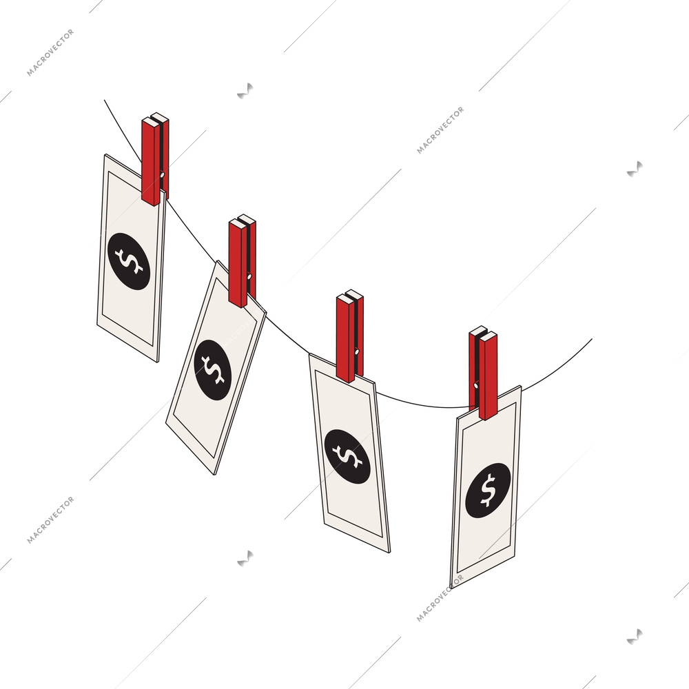 Money laundering isometric icon with banknote hanging on washing line 3d vector illustration
